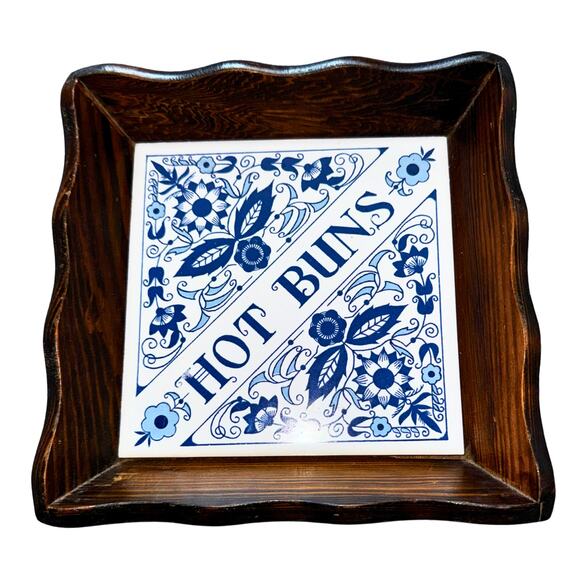 Vintage Blue & White “Hot Buns” Tile Trivet with Wood Frame Kitchen Decor - Picture 2 of 11
